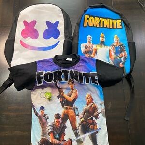 4-Piece Bundle Fornite Backpacks, shirt Size 12 and Key chain
